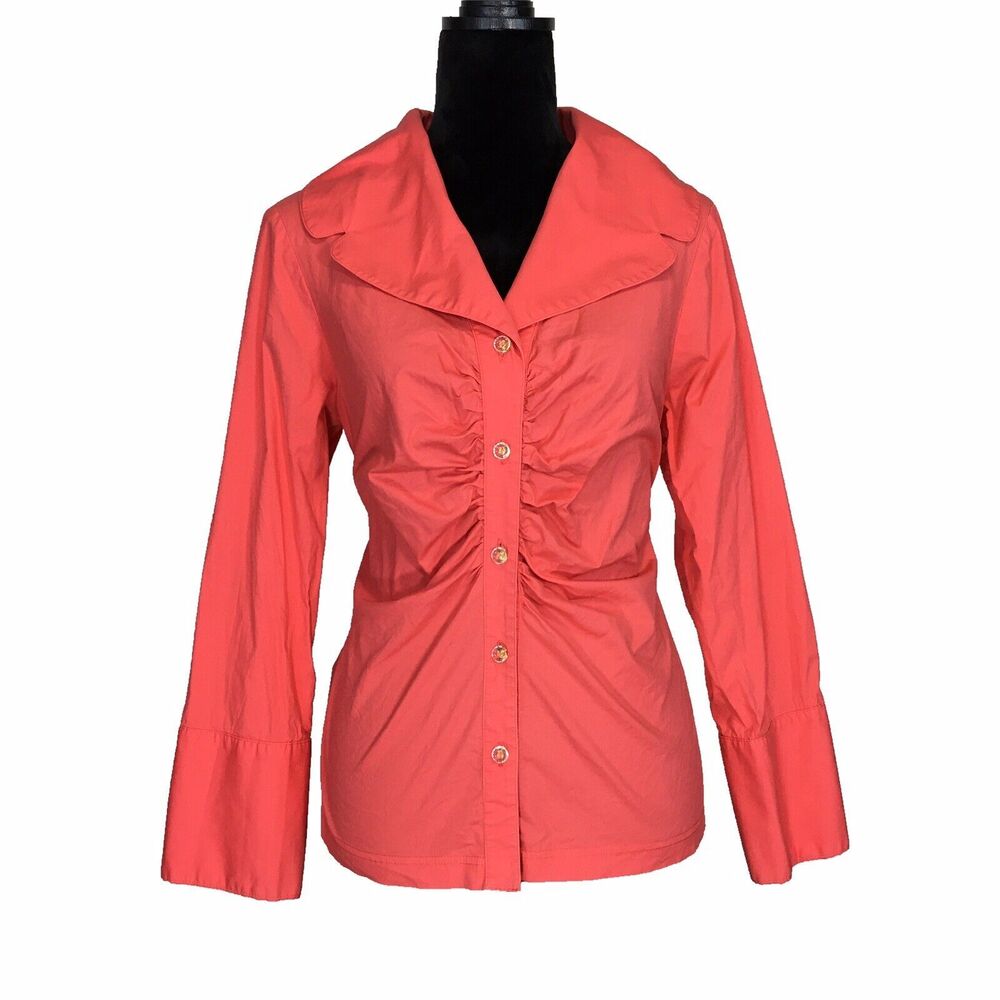 Mischca Top LARGE Melon Orange Clear Button Ruched Front 3/4 Sl Cuff Fitted Work